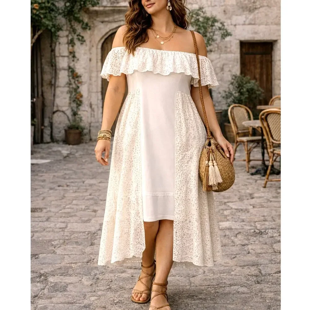 C Wonder 2X Christian Siriano Off Shoulder Eyelet Boho Maxi Dress $149 NEW Cream - Picture 1 of 11